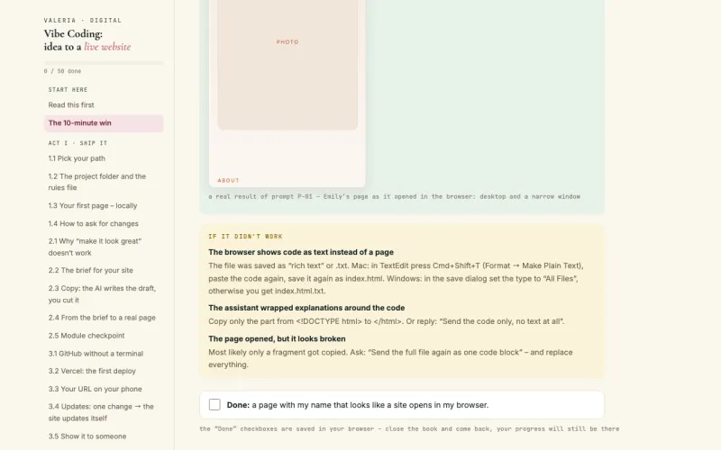 A spread of the book: the “If it didn’t work” box, the “Done” checkbox and the table of contents with progress on the side