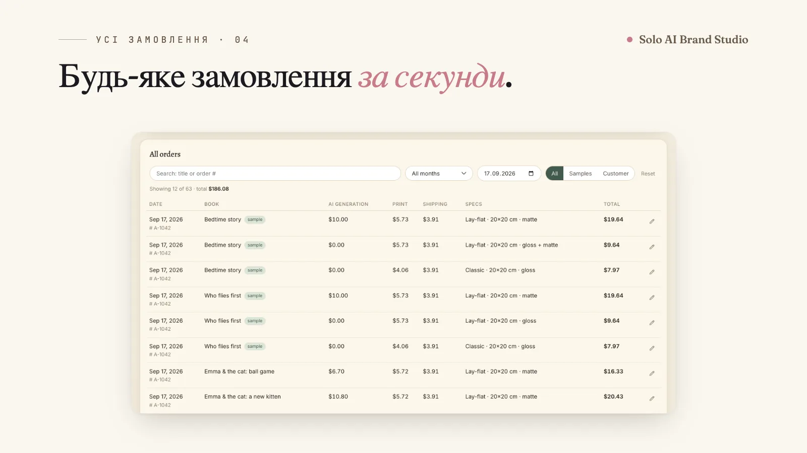 Таблиця замовлень із пошуком, фільтрами за місяцем і датою та перемикачем усі, зразки, клієнтські